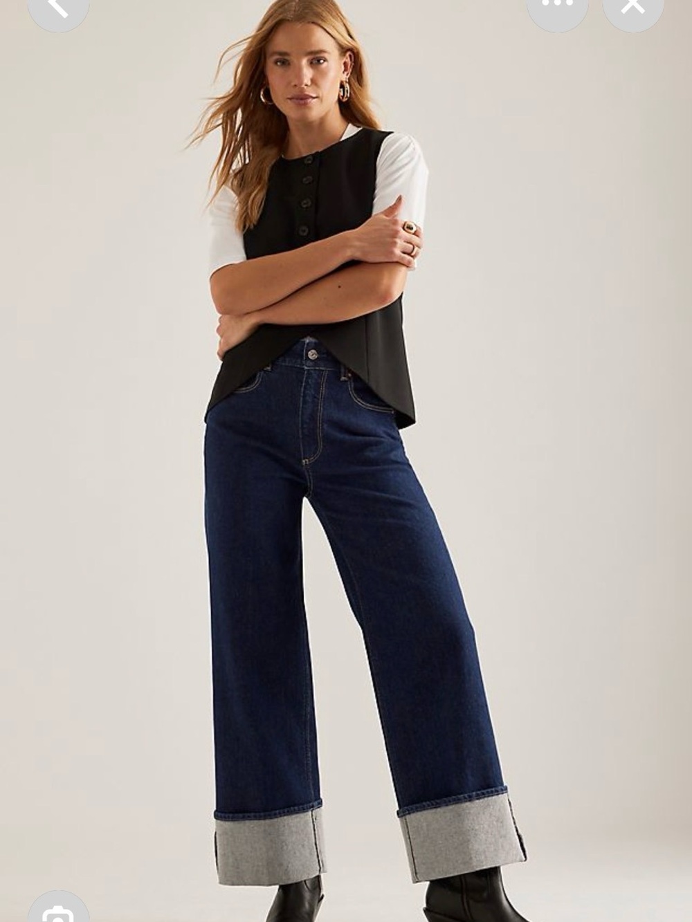 PAIGE Sasha Ankle Wide Leg Jeans Rolled Cuff Dark Wash Denim 28